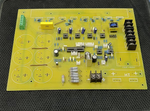 Discontinued Local 8 IGBT 7kVA Solar Inverter PCB with Pre-Assembled Components - a yellow rectangular circuit board with capacitors, resistors, terminal blocks, and IC sockets.