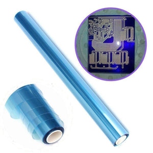 Discontinued Photo Resist Photosensitive Dry Film 30cm 1 Meter Photoresist - shown as a blue roll of film with a circular inset displaying a printed circuit board pattern.