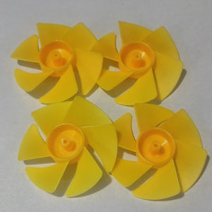 DIY Boat Model 6-blades Propeller 2mm Vortex Fan Paddle Toy Car Fan Spare Part 2*50mm - four identical yellow plastic six-bladed propellers arranged in a square on a white background.
