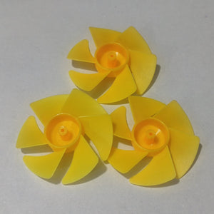 DIY Boat Model 6-blades Propeller 2mm Vortex Fan Paddle Toy Car Fan Spare Part 2*50mm - three yellow plastic six-blade propellers arranged in a triangular formation on a white surface.