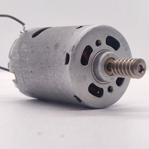 DIY DC Motor DC 3V To 25V Torque Mini Motor 17500RPM - a silver cylindrical DC motor with a threaded metal shaft and two black wires attached.
