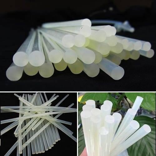 DIY Hot Melt 7mm Glue Stick - shown in a multi-panel view, featuring a collection of translucent, cylindrical adhesive sticks arranged in various piles.