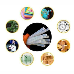 DIY Hot Melt 7mm Glue Stick - shown as a central cluster of translucent white cylindrical rods surrounded by small circular images of various craft materials.