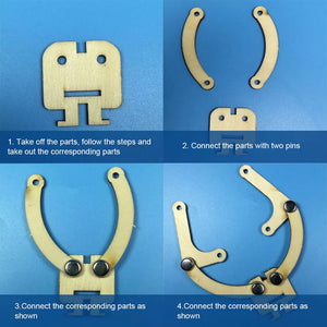 DIY Hydraulic Manipulator Wooden STEM Kit Unassembled - four steps of assembling wooden mechanical arm parts using metal pins on a blue background.
