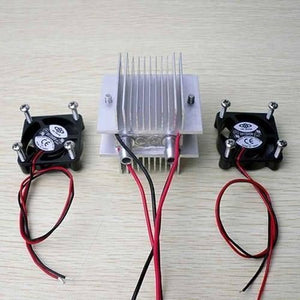 DIY Kits Thermoelectric Peltier Refrigeration Cooling System Water Cooling+ Fan+ 2pcs TEC1-12706 Coolers - a central aluminum heat sink with two water tubes and two black cooling fans.