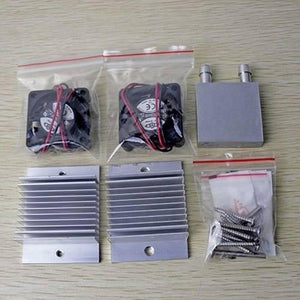 DIY Kits Thermoelectric Peltier Refrigeration Cooling System Water Cooling+ Fan+ 2pcs TEC1-12706 Coolers - two fans in bags, two aluminum heatsinks, a water block, and a bag of screws.