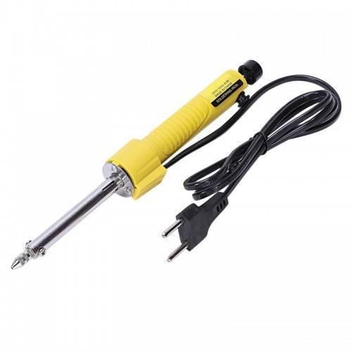 DKT365 40W 220V Electric Vacuum Solder Sucker Welding Desoldering Pump Soldering Iron Removal Solder Iron Pen Welding Repair Tool - with a yellow handle, a silver metal tip, and a black power cord with a two-pin plug.