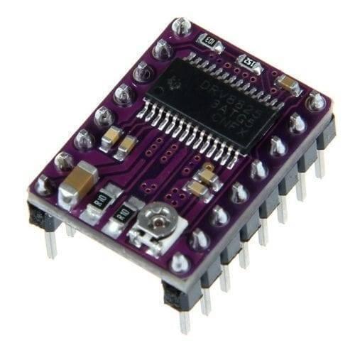 DRV8825 Stepper Motor Driver With Aluminum Heat Sink - a purple rectangular circuit board with a central microchip, header pins, and a small adjustable potentiometer.