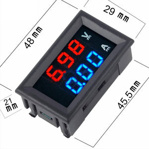 DSN-VC288 Panel Mount DC 100V 10A Voltmeter Ammeter - a black rectangular dual-display module with red 6.98 V and blue 0.00 A readings and dimensions.