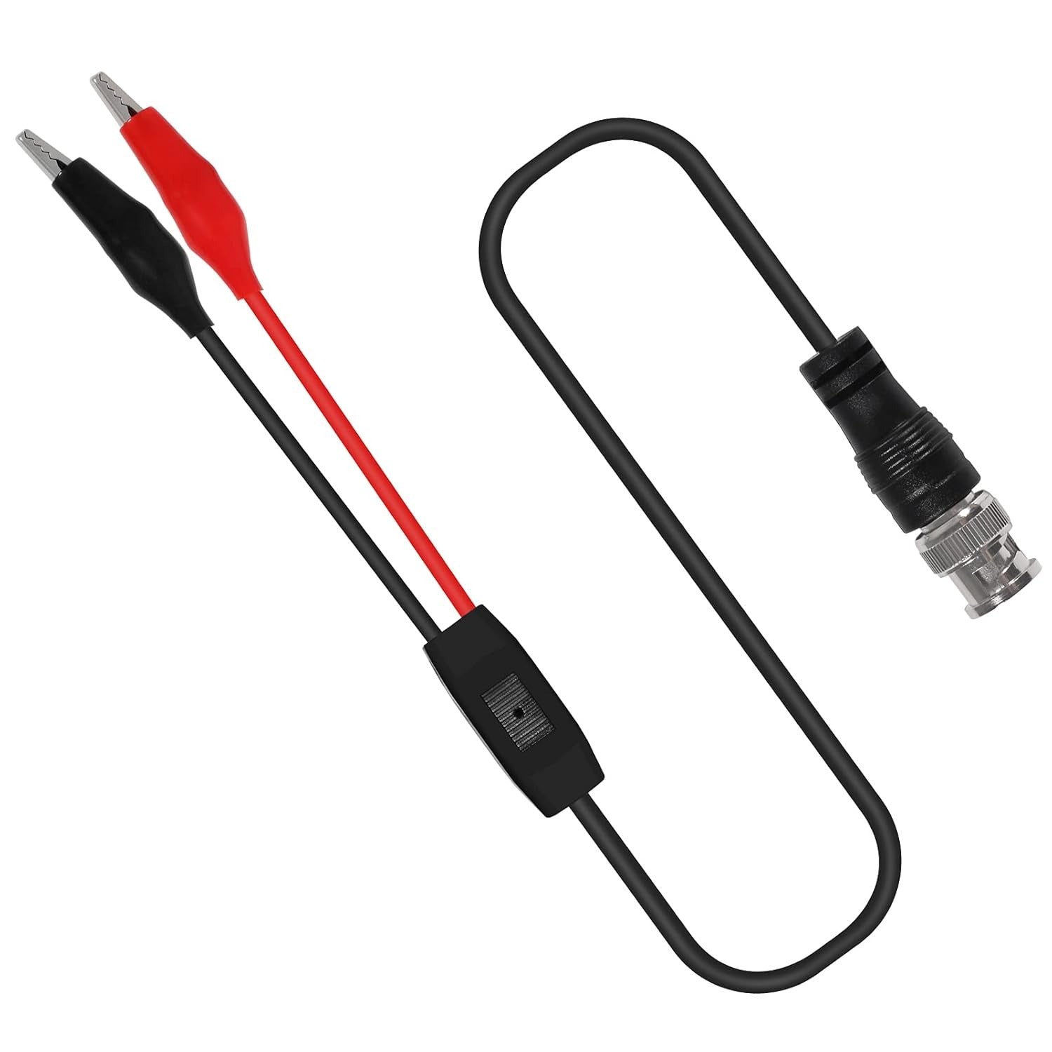 DSO150 Digital Oscilloscope Kit – Fully Assembled With Probe | Best Price - BNC connector, a black junction box, and red and black alligator clips on a white background.