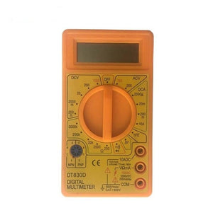 DT830D Digital Multimeter - in an orange plastic casing featuring a central rotary dial, a blank digital display, and three input ports at the bottom.