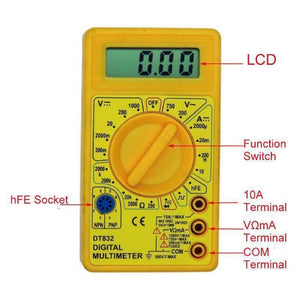 DT830D Digital Multimeter - a yellow handheld device with a central rotary function switch, an LCD showing 0.00, an hFE socket, and three input terminals.