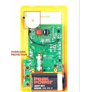 DT830D Digital Multimeter - the yellow plastic casing, green circuit board, 9V battery, fuse, and buzzer component.