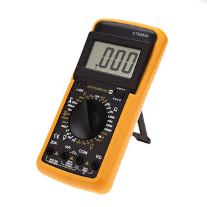DT9205A Digital Multimeter - a yellow handheld device with a black control panel, a digital display showing 000, a central rotary dial, and input ports.