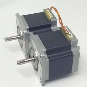 Dual Shaft NEMA 23 2A Stepper Motor For CNC 3d Printer - two silver and black square-bodied motors with splined shafts and white wire connectors.