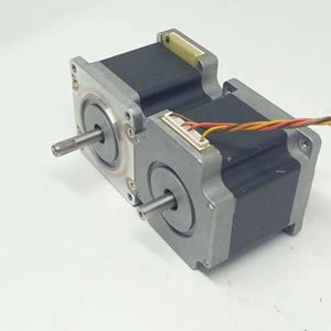 Dual Shaft NEMA 23 2A Stepper Motor For CNC 3d Printer - two silver and black motors with front-facing shafts and white electrical connectors with attached wires.