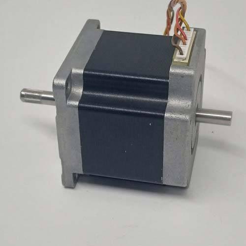 Dual Shaft NEMA 23 2A Stepper Motor For CNC 3d Printer - a silver and black square motor with dual shafts and a white four-pin wire connector on top.