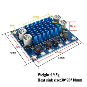 Durable TPA3110 XHA232 30W + 30W 2.0 Channel Digital Stereo Audio Power Amplifier Board - shown with blue heat sink, capacitors, inductors, and overlaid yellow dimension labels.