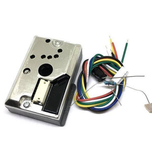 Dust Sensor Module GP2Y1010AU0F Compact Optical Dust Sensor - a metallic sensor unit with a white connector, a bundle of multi-coloured wires, and a loose resistor.