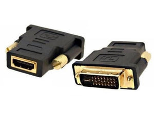 DVI To HDMI Converter DVI-i Male To HDMI Female Video Plug Adapter - two black adapters with gold-plated connectors from different angles.