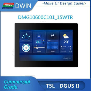 Dwin 10.1 Inch HMI Modbus TFT Lcm DMG10600T101-a5wtr Industrial Grade - DMG10600C101_15WTR is a black rectangular HMI display showing a graphical user interface with a clock, weather data, numeric values, and sliders.