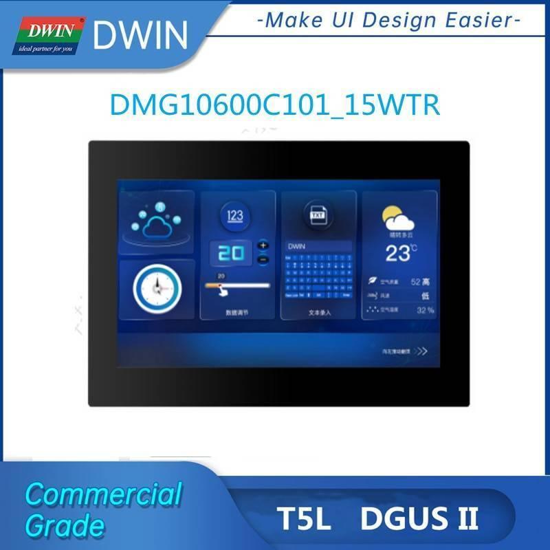 Dwin 10.1 Inch HMI Modbus TFT Lcm DMG10600T101-a5wtr Industrial Grade - DMG10600C101_15WTR is a black rectangular HMI display showing a graphical user interface with a clock, weather data, numeric values, and sliders.