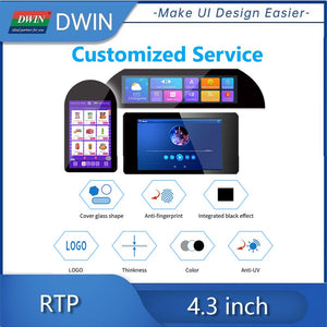 Dwin 4.3 Inch 4 Wire Resistive Touch Panel YF04303 - shown in a marketing graphic displaying various screen interfaces, shapes, and customization features.