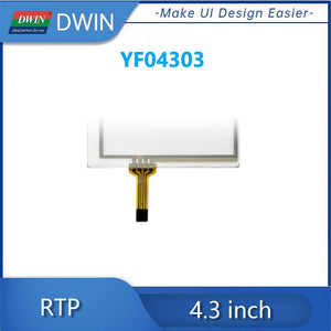 Dwin 4.3 Inch 4 Wire Resistive Touch Panel YF04303 - a rectangular transparent touch screen with a flexible brown ribbon cable and connector.