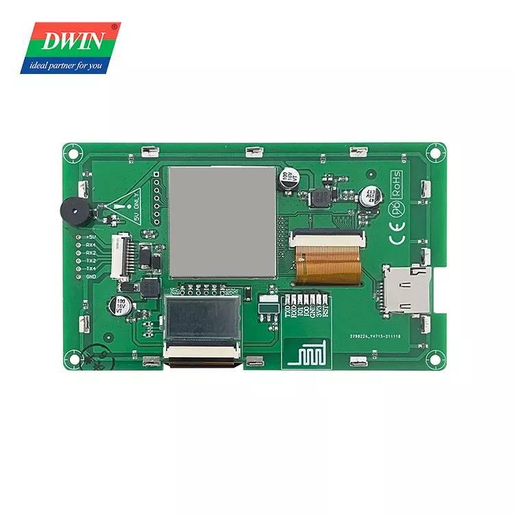 Dwin 4.3 Inch HMI TFT Touch Screen LCD Display DMG48270C043-03WTR - the green circuit board back with a ribbon cable, SD card slot, and pin headers.