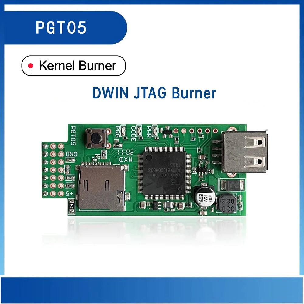 Dwin PGT05 Jtag 7 Pin Burner - a green rectangular circuit board featuring a USB port, an SD card slot, a push button, and various pin headers.