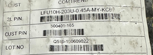 EE16 Pulse Transformer LFU10H-203U 0.45A - shown in a close-up of a white product label featuring barcodes and part numbers including 500401-165.