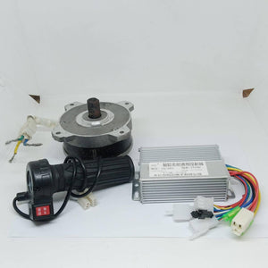 Electric Bike Electric Cycle BLDC Motor Controller And Throttle Handle Accelerator - kit including a silver controller, a black throttle, and a motor.