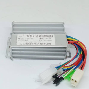 Electric Bike Electric Cycle BLDC Motor Controller And Throttle Handle Accelerator - a silver rectangular metal box with a label and a bundle of multi-coloured wires with white plastic connectors.