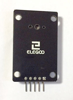 Elegoo DS1307 Module V03 - a black rectangular circuit board with four mounting holes and five gold-colored header pins protruding from the bottom.