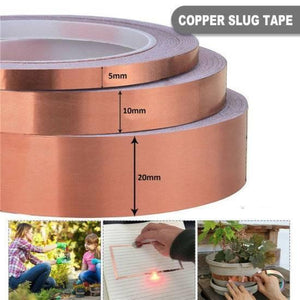 EMI 10mm 30M One-sided Copper Foil Conductive Adhesive Tape - shown in three rolls of varying widths with illustrative photos of gardening and electronics use.