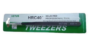 ESD-11 Vetus Tweezer - shown in its original green and white retail packaging with a protective plastic tip cover.