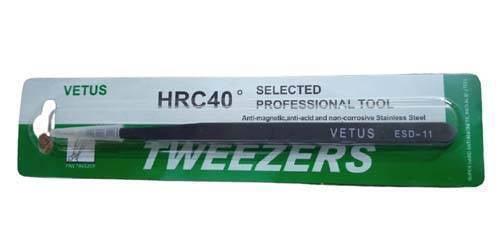 ESD-11 Vetus Tweezer - shown in its original green and white retail packaging with a protective plastic tip cover.