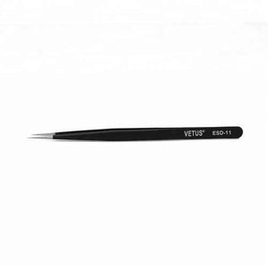 ESD-11 Vetus Tweezer - a slim black anti-static straight-tip precision tweezer with the brand name and model number printed in white on the handle.