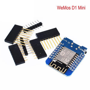 ESP12E Wemos D1 Mini WiFi Development Board ESP8266 – Buy Affordable IOT Board - shown with its blue PCB, a reset button, and several sets of included male and female header pins.