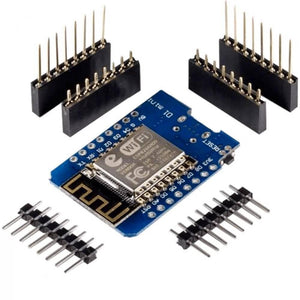 ESP12E Wemos D1 Mini WiFi Development Board ESP8266 – Buy Affordable IOT Board - shown with a blue PCB, a metal WiFi module, a reset button, and four sets of header pins.