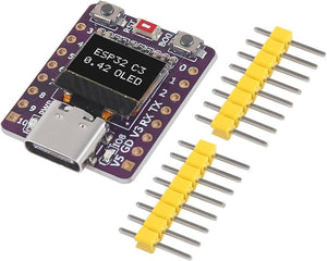 ESP32-C3 0.42 Inch OLED display Development Board IOT Ceramic Antenna WiFi Bluetooth supermini type c - with a purple PCB, USB-C port, two buttons, and two included sets of yellow header pins.