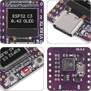 ESP32-C3 0.42 Inch OLED display Development Board IOT Ceramic Antenna WiFi Bluetooth supermini type c - close-up views of the purple PCB, OLED display, USB-C port, buttons, and rear components.