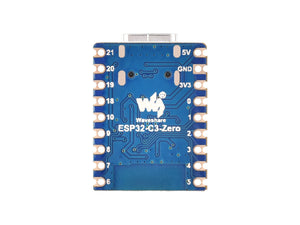 ESP32 C3 Mini Development Board With 2.4GHz Wi-Fi, Bluetooth 5 - the blue top side of the PCB with a USB-C port, labeled pin headers, and the Waveshare ESP32-C3-Zero logo.