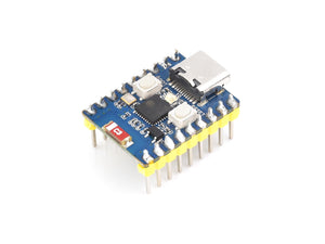 ESP32 C3 Mini Development Board With 2.4GHz Wi-Fi, Bluetooth 5 - a small blue circuit board with a USB-C port, two push buttons, and gold header pins attached to the underside.