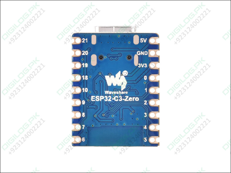 Blue electronic circuit board with 'Waveshare' branding on a white background