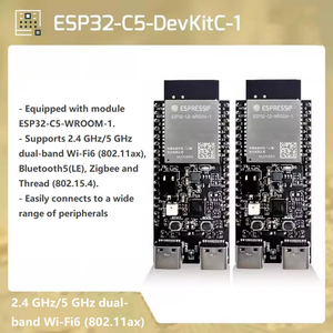 ESP32-C5-DevKitC-1 - two identical black development boards with metal shielding, USB-C ports, buttons, and pin headers, alongside descriptive text.