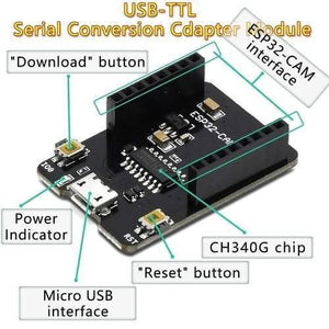 ESP32 Cam Mb Micro USB Programmer CH340G USB To Serial Port Board - a black circuit board with a micro USB port, reset and download buttons, and an ESP32-CAM pin header.