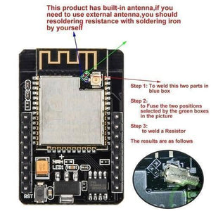 ESP32 Cam Mb WiFi Bluetooth Development Board Micro USB Interface CH340G USB To Serial Port And OV2640 Camera Module - a diagram with red, blue, and green arrows and text instructions for modifying the antenna connection.