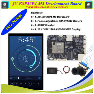 ESP32-P4 M3 Dev Onboard ESP32-C6 Mini in Pakistan - JC-ESP32P4-M3 Development Board kit includes a black circuit board, a 10.1-inch display showing a clock, a small speaker, and a focus-adjustable camera.