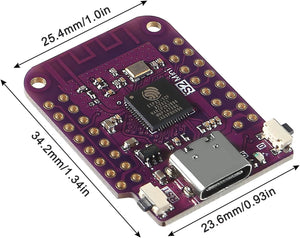 ESP32-S2 Mini Development Board 4MB Flash 2MB PSRAM Wi-Fi in Pakistan - a purple circuit board with a USB-C port, a reset button, and dimension labels in millimeters and inches.